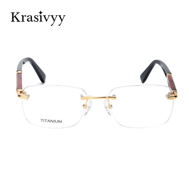 Krasivyy Unisex Rimless Square Titanium Wooden Eyeglasses Ls01 Rimless Krasivyy