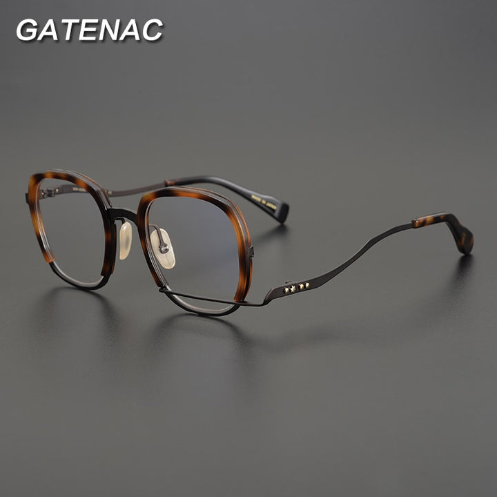 Gatenac Unisex Full Rim Irregular Square Titanium Acetate Eyeglasses Gxyj868 Full Rim Gatenac Tortoise
