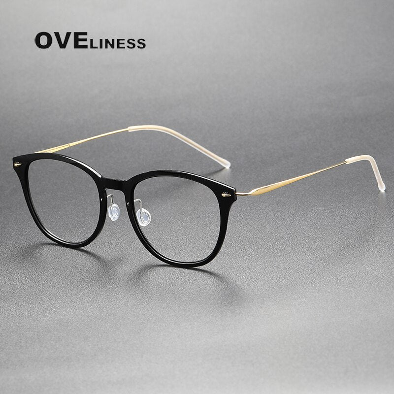 Oveliness Unisex Full Rim Round Acetate Titanium Eyeglasses 6506 Full Rim Oveliness black gold