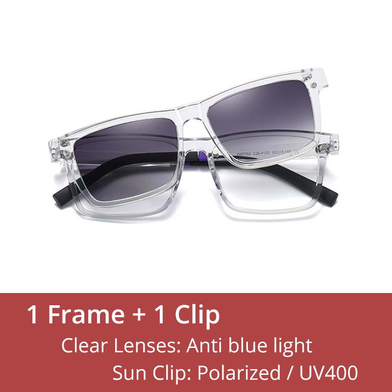 Ralferty Men's Full Rim Rectangle Tr 90 Acetate Eyeglasses With Clip On Polarized Sunglasses D7703 With Clip Ons Ralferty C26 Transparent China As picture