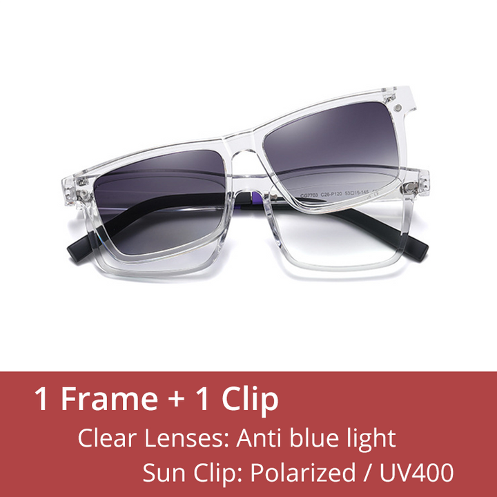 Ralferty Men's Full Rim Rectangle Tr 90 Acetate Eyeglasses With Clip On Polarized Sunglasses D7703 With Clip Ons Ralferty C26 Transparent China As picture