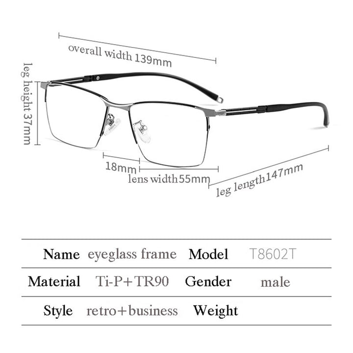 Hotochki Men's Full Rim Square Tr 90 Titanium Frame Eyeglasses T8602t Full Rim Hotochki