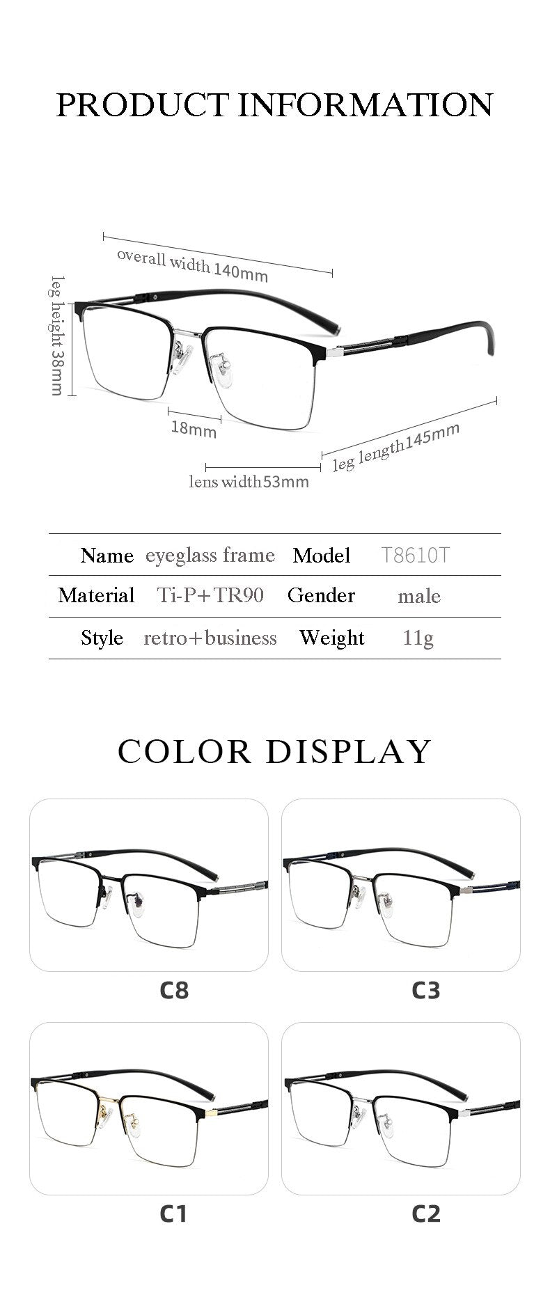 Hotochki Men's Full Rim Square Tr 90 Titanium Frame Eyeglasses T8610t Full Rim Hotochki