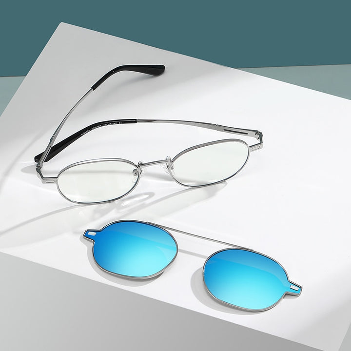 Zirosat Unisex Full Rim Round Alloy Eyeglasses Clip On Sunglasses CG8802 With Clip Ons Zirosat