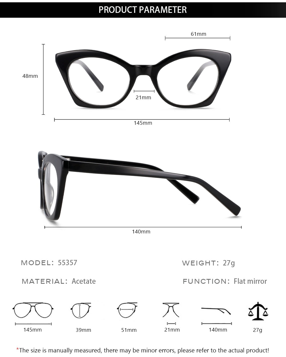 CCspace Unisex Full Rim Square Cat Eye Acetate Eyeglasses 55357 Full Rim CCspace