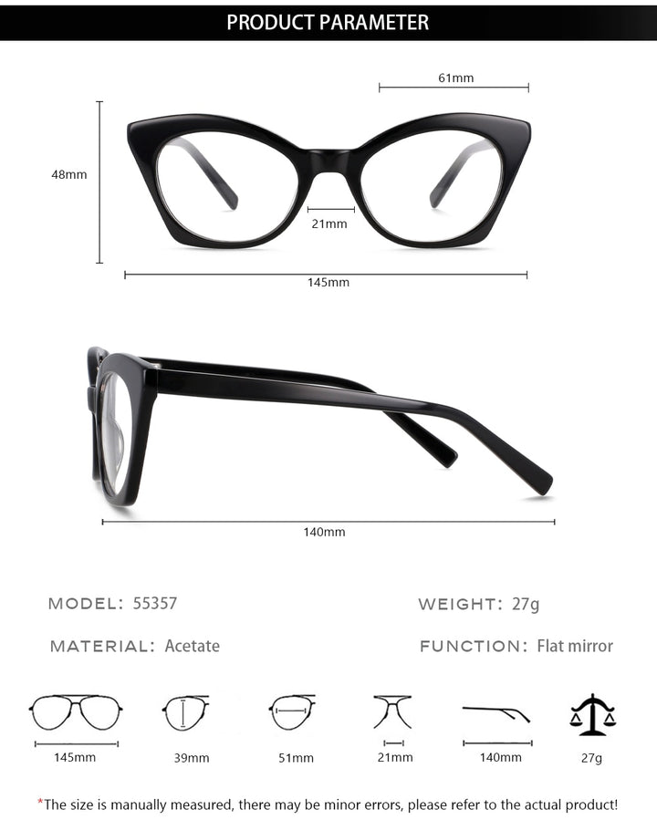 CCspace Unisex Full Rim Square Cat Eye Acetate Eyeglasses 55357 Full Rim CCspace