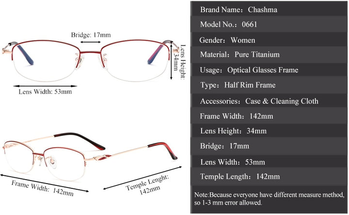 Chashma Ottica Women's Semi Rim Oval Titanium Eyeglasses 0661 Semi Rim Chashma Ottica
