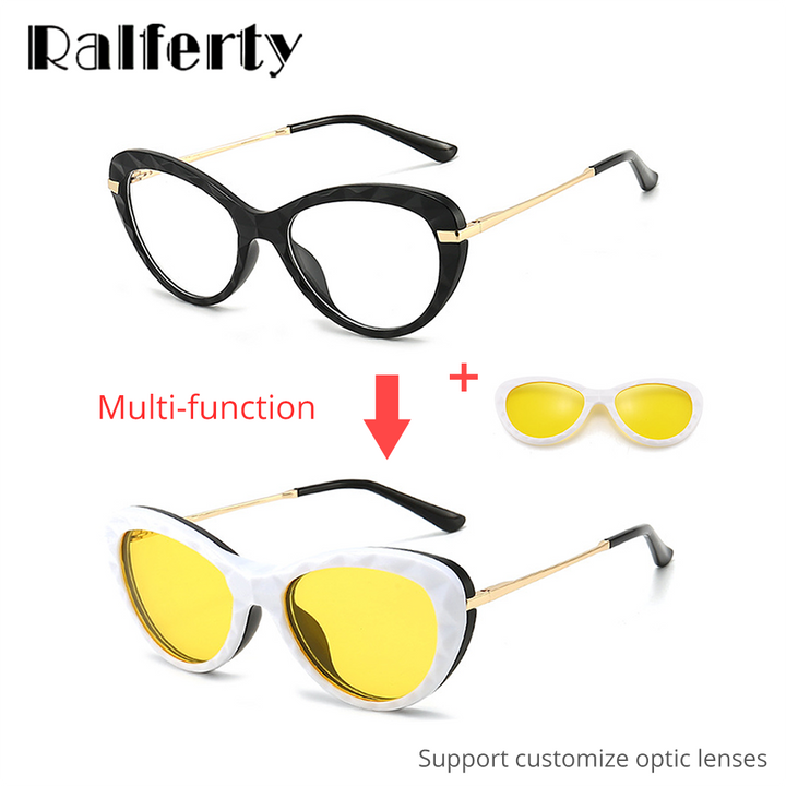 Ralferty Women's Full Rim Square Cat EyeTr 90 Acetate Eyeglasses With Clip On Sunglasses TR2345 With Clip Ons Ralferty