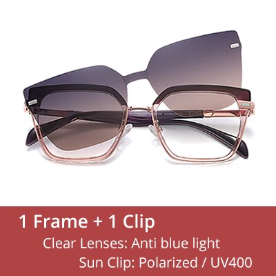 Ralferty Women's Full Rim Square Cat Eye Alloy Acetate Eyeglasses With Clip On Polarized Sunglasses With Clip Ons Ralferty C654 Clear Purple China As picture