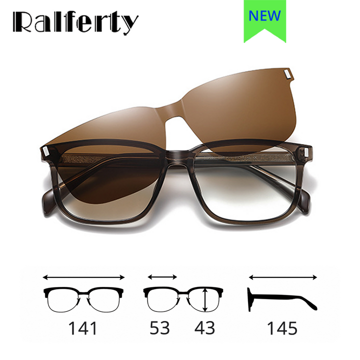 Ralferty Men's Full Rim Square Tr 90 Acetate Eyeglasses With Clip On Polarized Sunglasses D7201 With Clip Ons Ralferty