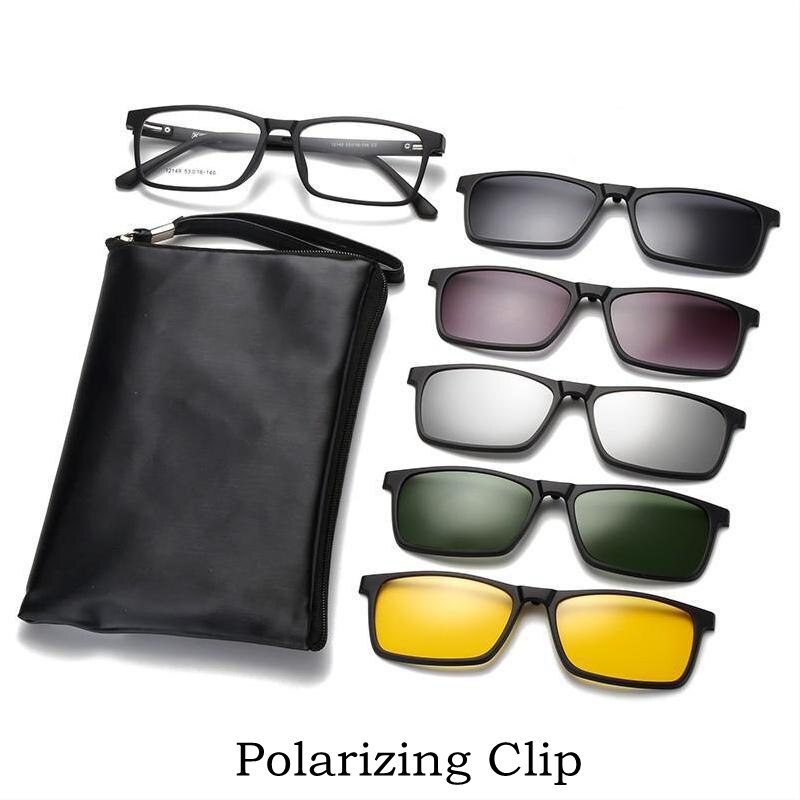 Yimaruili Unisex Full Rim Square Tr 90 Eyeglasses 5 Clip On Polarized Sunglasses 12149 With Clip Ons Yimaruili Eyeglasses