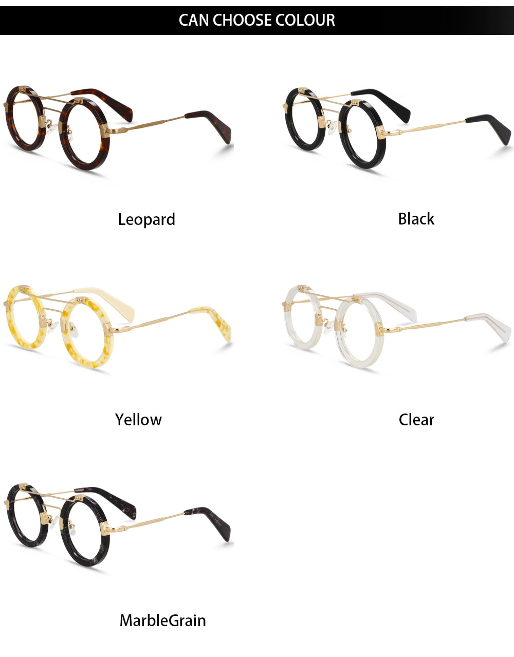 CCspace Unisex Full Rim Round Double Bridge Acetate Alloy Eyeglasses 55096 Full Rim CCspace