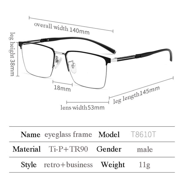 Hotochki Men's Full Rim Square Tr 90 Titanium Frame Eyeglasses T8610t Full Rim Hotochki