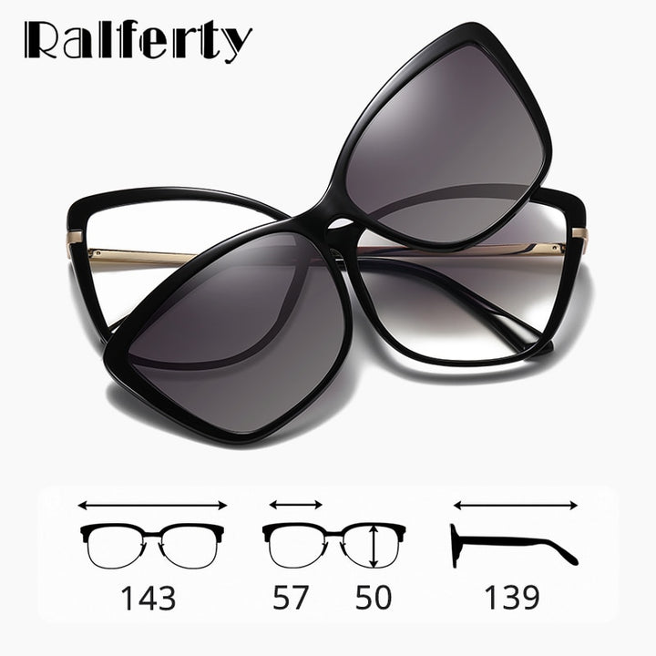 Ralferty Women's Full Rim Square Cat Eye Acetate Eyeglasses With Clip On Sunglasses D95335 With Clip Ons Ralferty
