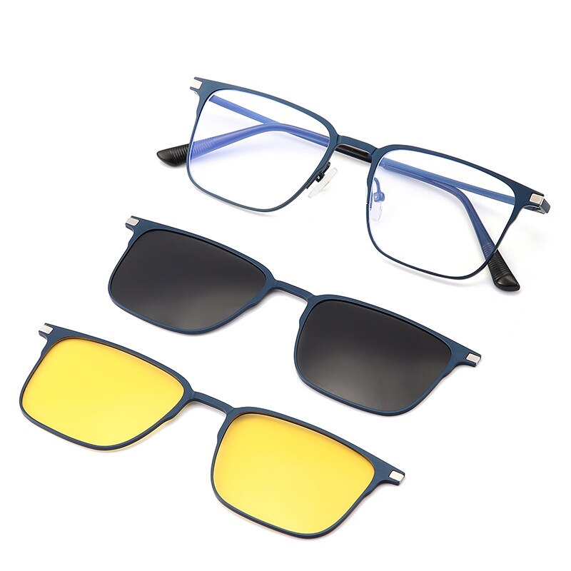 Hdcrafter Unisex Full Rim Square Alloy Eyeglasses Clip On Polarized Sunglasses 7012 With Clip Ons Hdcrafter Eyeglasses Blue Frame