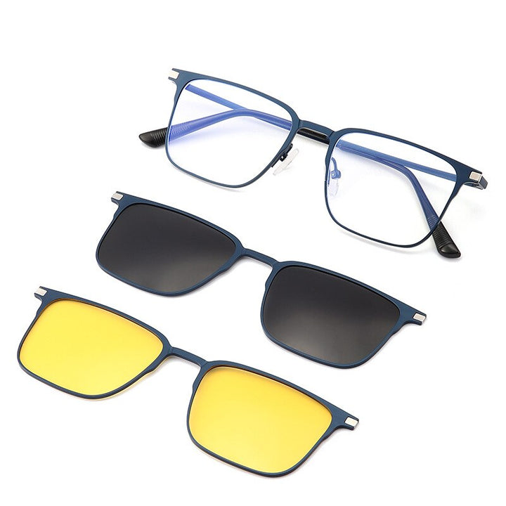 Hdcrafter Unisex Full Rim Square Alloy Eyeglasses Clip On Polarized Sunglasses 7012 With Clip Ons Hdcrafter Eyeglasses Blue Frame