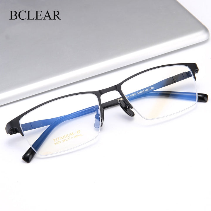 Bclear Men's Semi Rim Square Titanium Eyeglasses My91075 Semi Rim Bclear