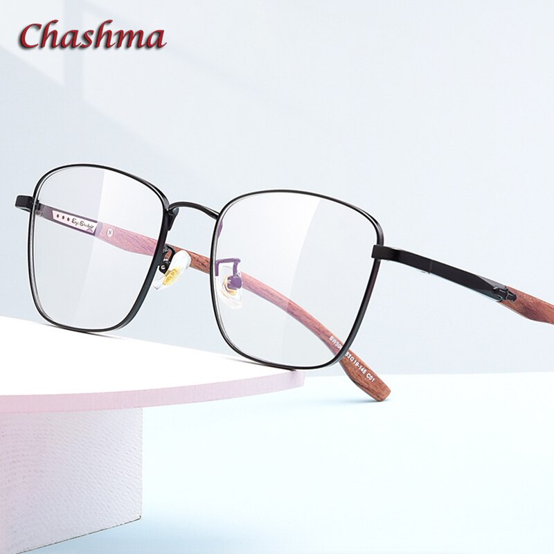 Chashma Unisex Full Rim Square Stainless Steel Frame Wood Temple Eyeglasses Full Rim Chashma