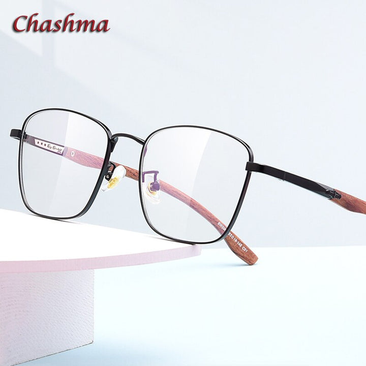 Chashma Unisex Full Rim Square Stainless Steel Frame Wood Temple Eyeglasses Full Rim Chashma