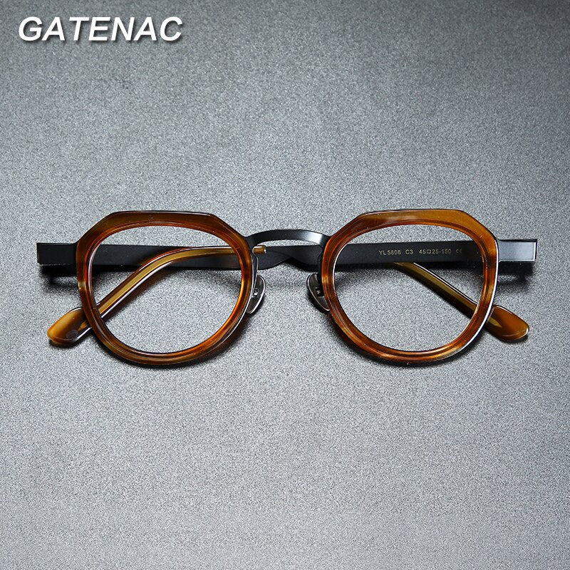 Gatenac Unisex Full Rim Round Square Acetate Titanium Eyeglasses Gxyj919 Full Rim Gatenac