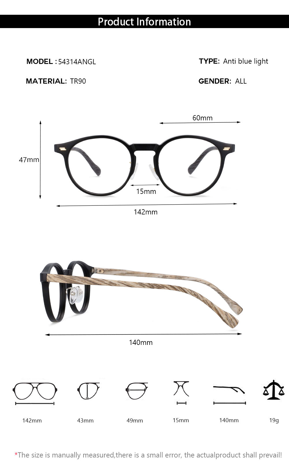 CCspace Unisex Full Rim Round Tr 90 Titanium Frame Eyeglasses 54314 Full Rim CCspace