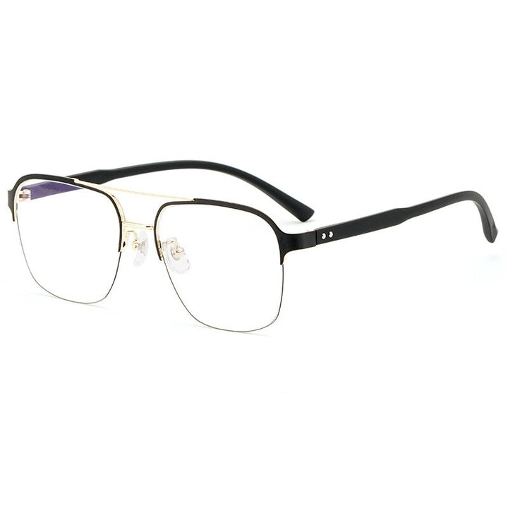 Hotochki Men's Semi Rim Square Double Bridge Titanium Eyeglasses Semi Rim Hotochki Black Gold