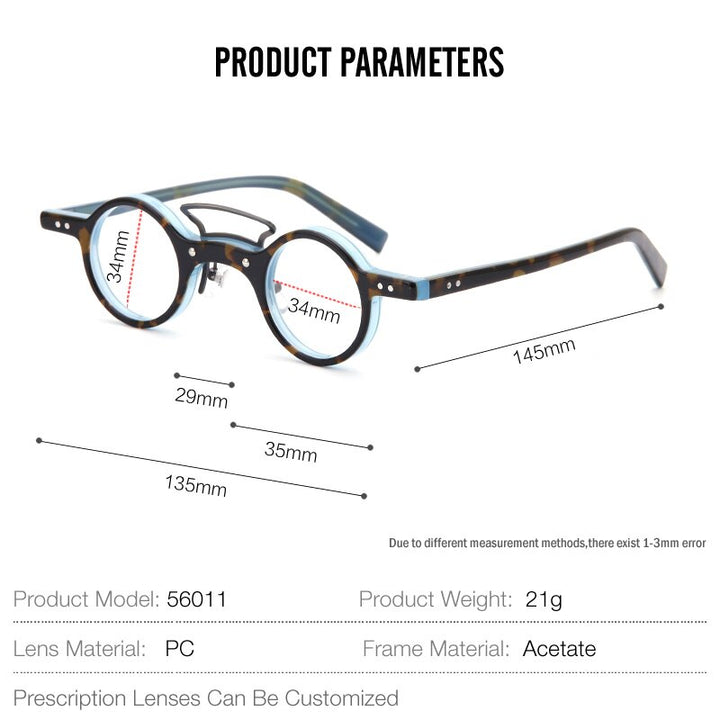Muzz Unisex Full Rim Small Round Acetate Double Bridge Hand Crafted Frame Eyeglasses 56011 Full Rim Muzz