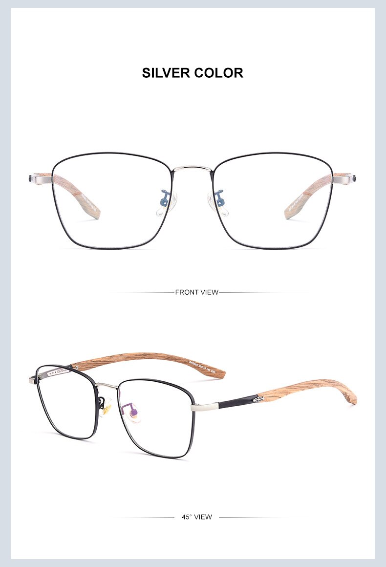Chashma Unisex Full Rim Square Stainless Steel Frame Wood Temple Eyeglasses Full Rim Chashma