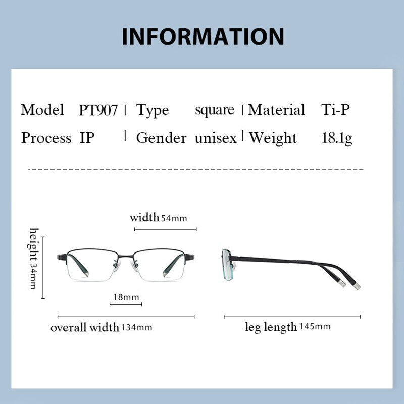 Handoer Men's Semi Rim Square Titanium Eyeglasses Pt907 Semi Rim Handoer