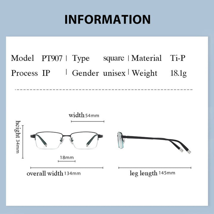 Handoer Men's Semi Rim Square Titanium Eyeglasses Pt907 Semi Rim Handoer   
