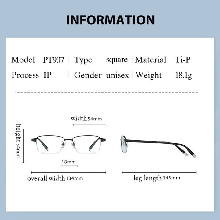 Handoer Men's Semi Rim Square Titanium Eyeglasses Pt907 Semi Rim Handoer