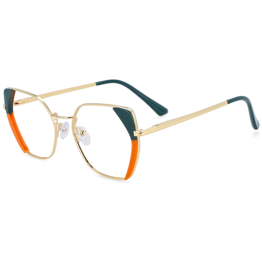 CCspace Women's Full Rim Polygonal Cat Eye Alloy Acetate Frame Eyeglasses 54175 Full Rim CCspace green-orange