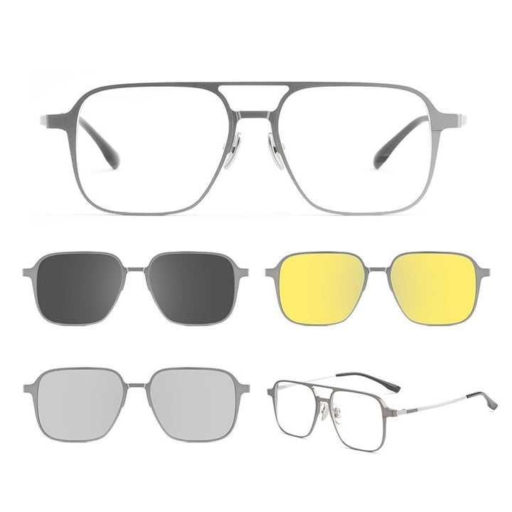 Yimaruili Unisex Full Rim Square  Aluminum Magnesium Titanium Eyeglasses Clip On Sunglasses 9908 With Clip Ons Yimaruili Eyeglasses Gun
