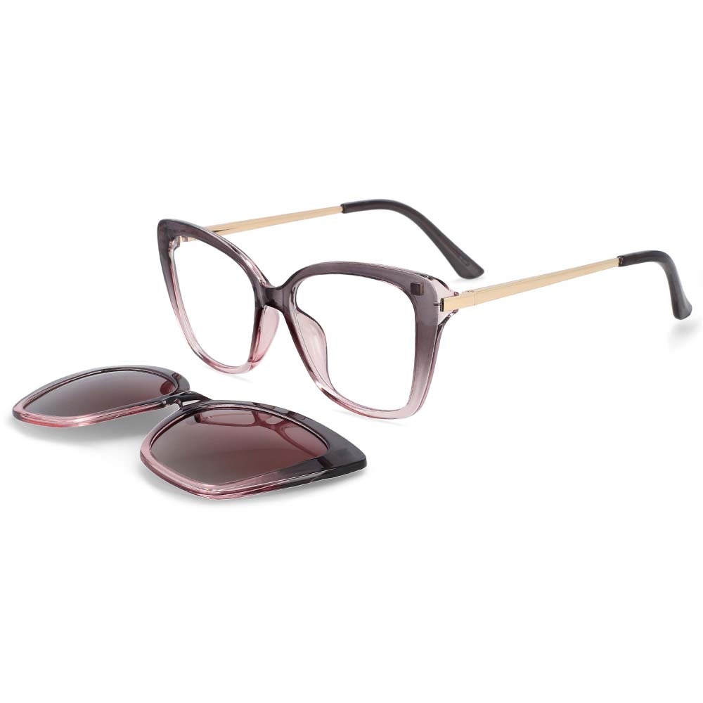 CCspace Women's Full Rim Rectangle Cat Eye Tr 90 Titanium Eyeglasses Clip On Sunglasses 53851 With Clip Ons CCspace gray-pink China white