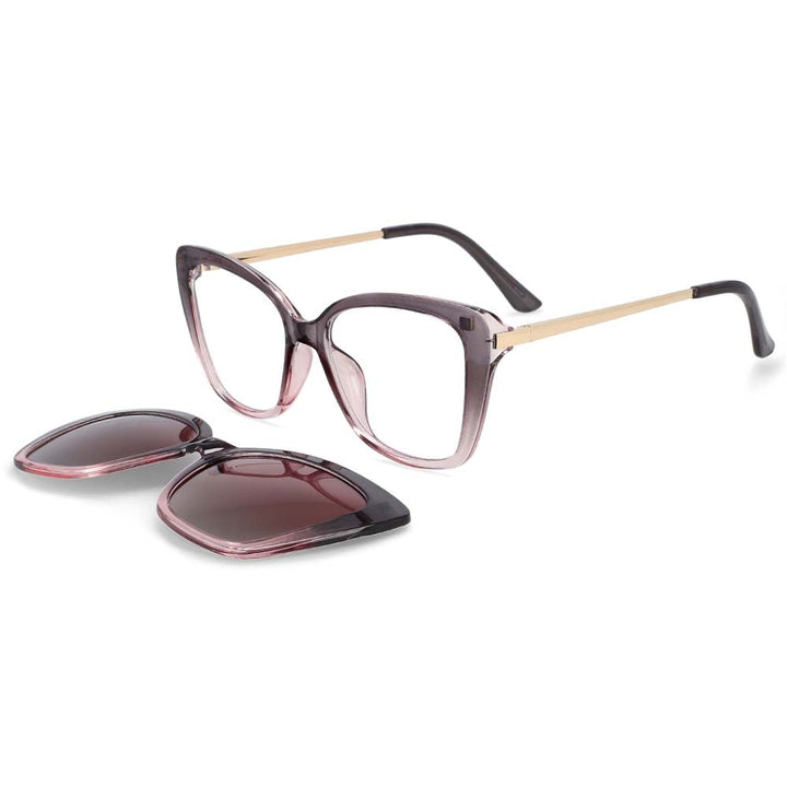 CCspace Women's Full Rim Rectangle Cat Eye Tr 90 Titanium Eyeglasses Clip On Sunglasses 53851 With Clip Ons CCspace gray-pink China white