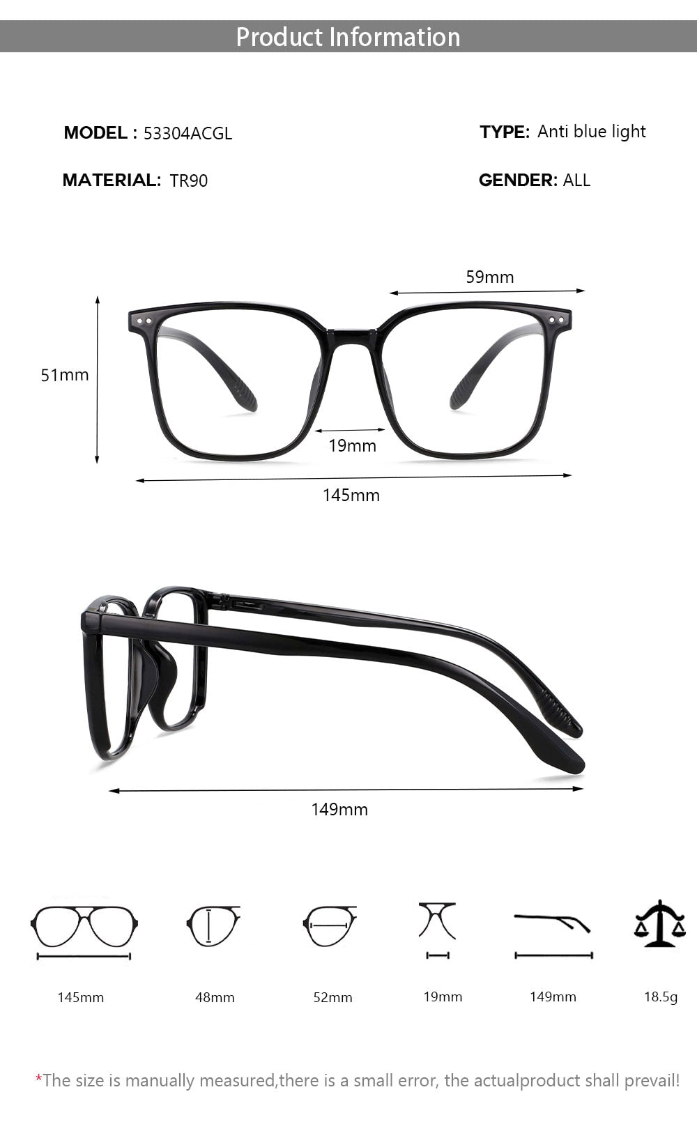 CCspace Unisex Full Rim Large Square Tr 90 Titanium Eyeglasses 53304 Full Rim CCspace