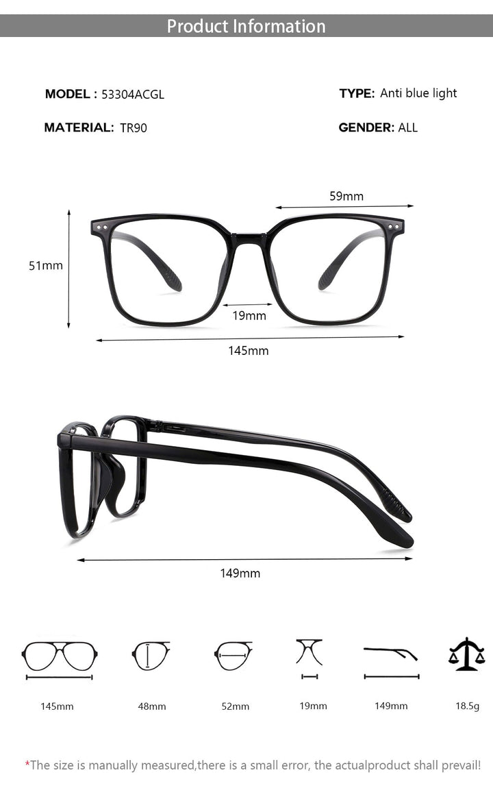 CCspace Unisex Full Rim Large Square Tr 90 Titanium Eyeglasses 53304 Full Rim CCspace