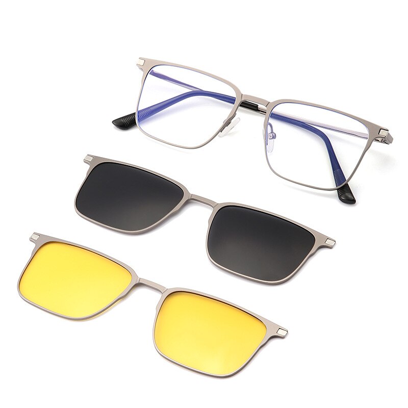 Hdcrafter Unisex Full Rim Square Alloy Eyeglasses Clip On Polarized Sunglasses 7012 With Clip Ons Hdcrafter Eyeglasses Silver Frame