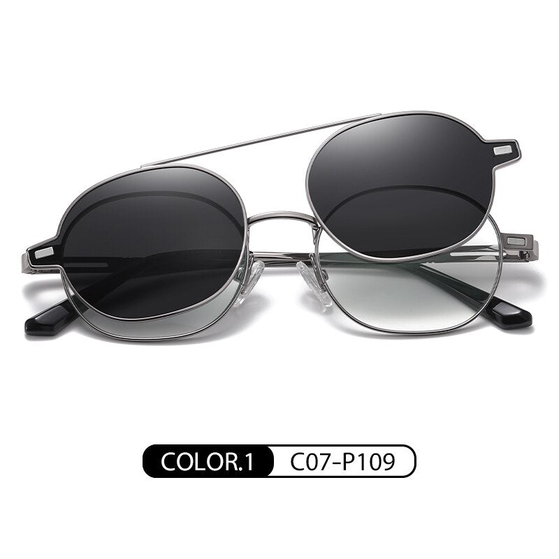 Zirosat Unisex Full Rim Round Alloy Eyeglasses Clip On Sunglasses CG8802 With Clip Ons Zirosat black