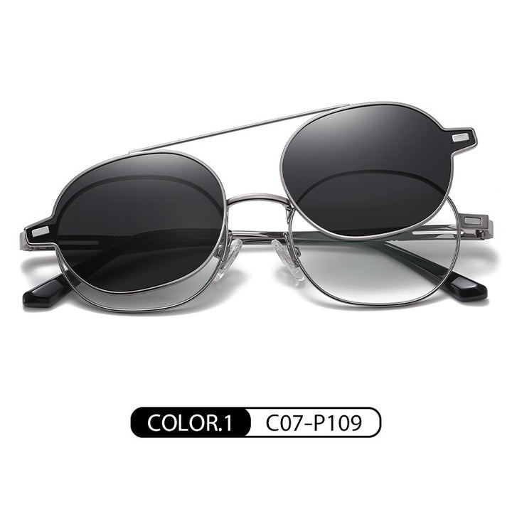Zirosat Unisex Full Rim Round Alloy Eyeglasses Clip On Sunglasses CG8802 With Clip Ons Zirosat black