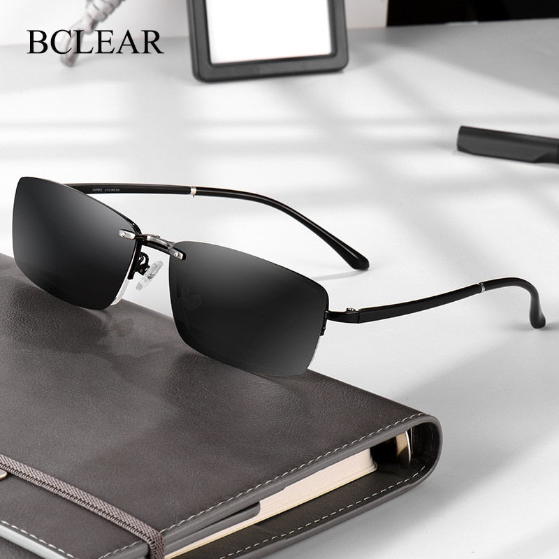 Bclear Men's Semi Rim Rectangle Alloy Eyeglasses With Clip On Polarized Sunglasses Zt9338 With Clip Ons Bclear
