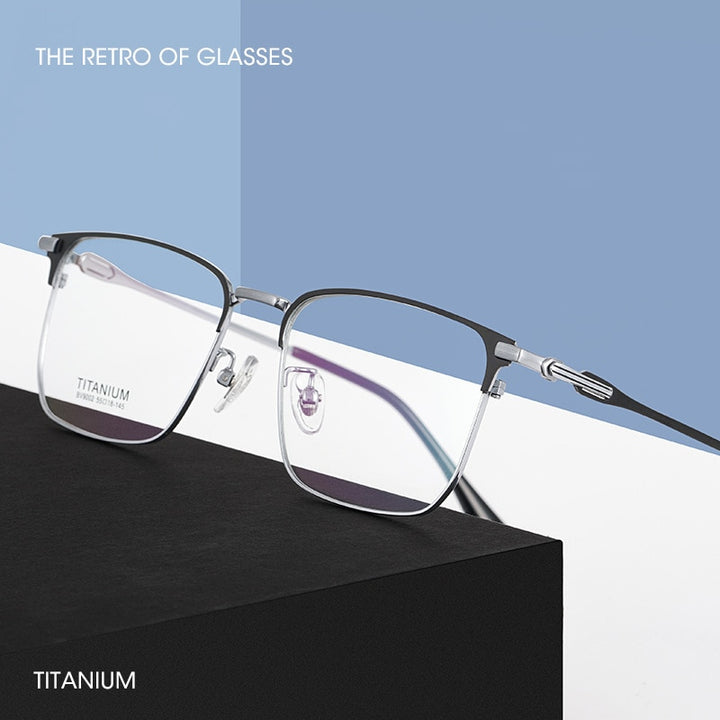 Hotochki Men's Semi Rim Square Titanium Alloy Frame Eyeglasses Bv9002 Semi Rim Hotochki