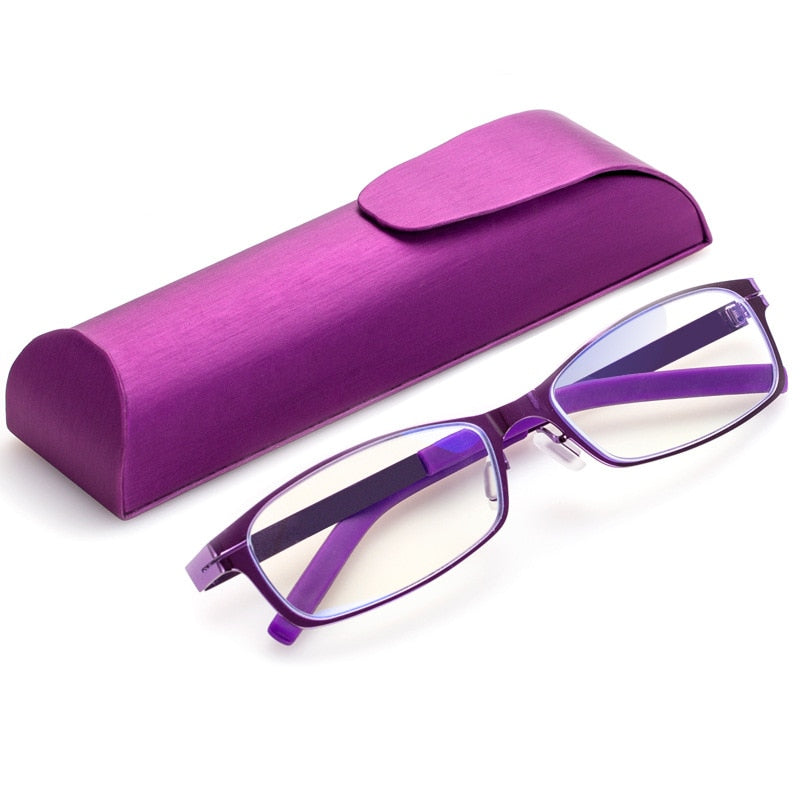 Zirosat Unisex Full Rim Rectangle Alloy Tr 90 Anti Blue Light Reading Glasses Dy1331 Reading Glasses Zirosat +100 purple with case