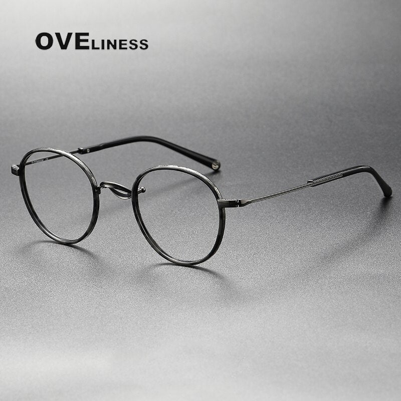 Oveliness Unisex Full Rim Round Acetate Titanium Eyeglasses 1825 Full Rim Oveliness black gun  