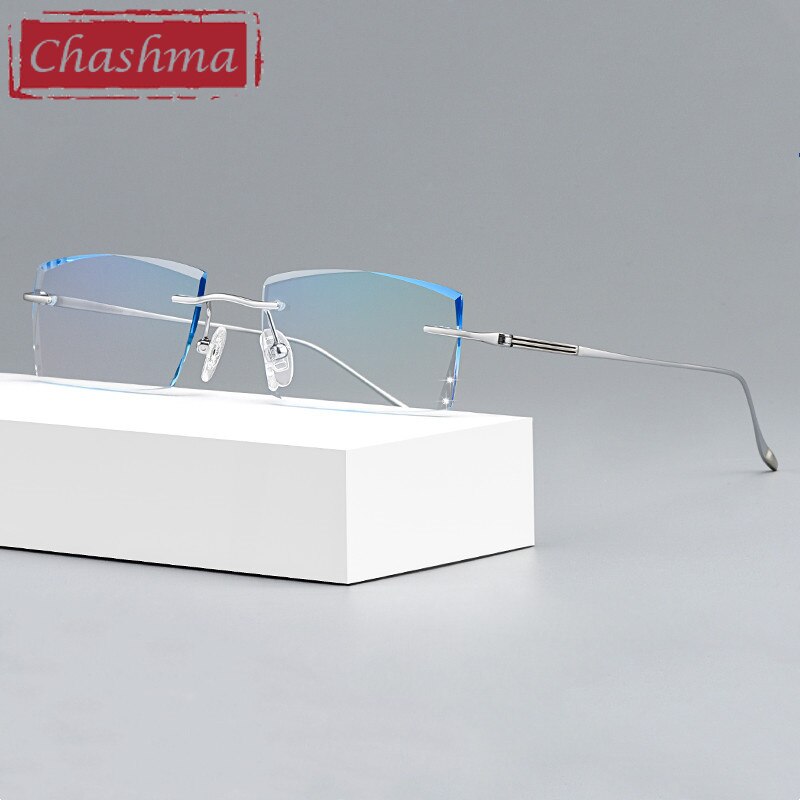 Chashma Ottica Men's Rimless Square Titanium Eyeglasses Tinted Lenses 9083 Rimless Chashma Ottica Silver with Blue