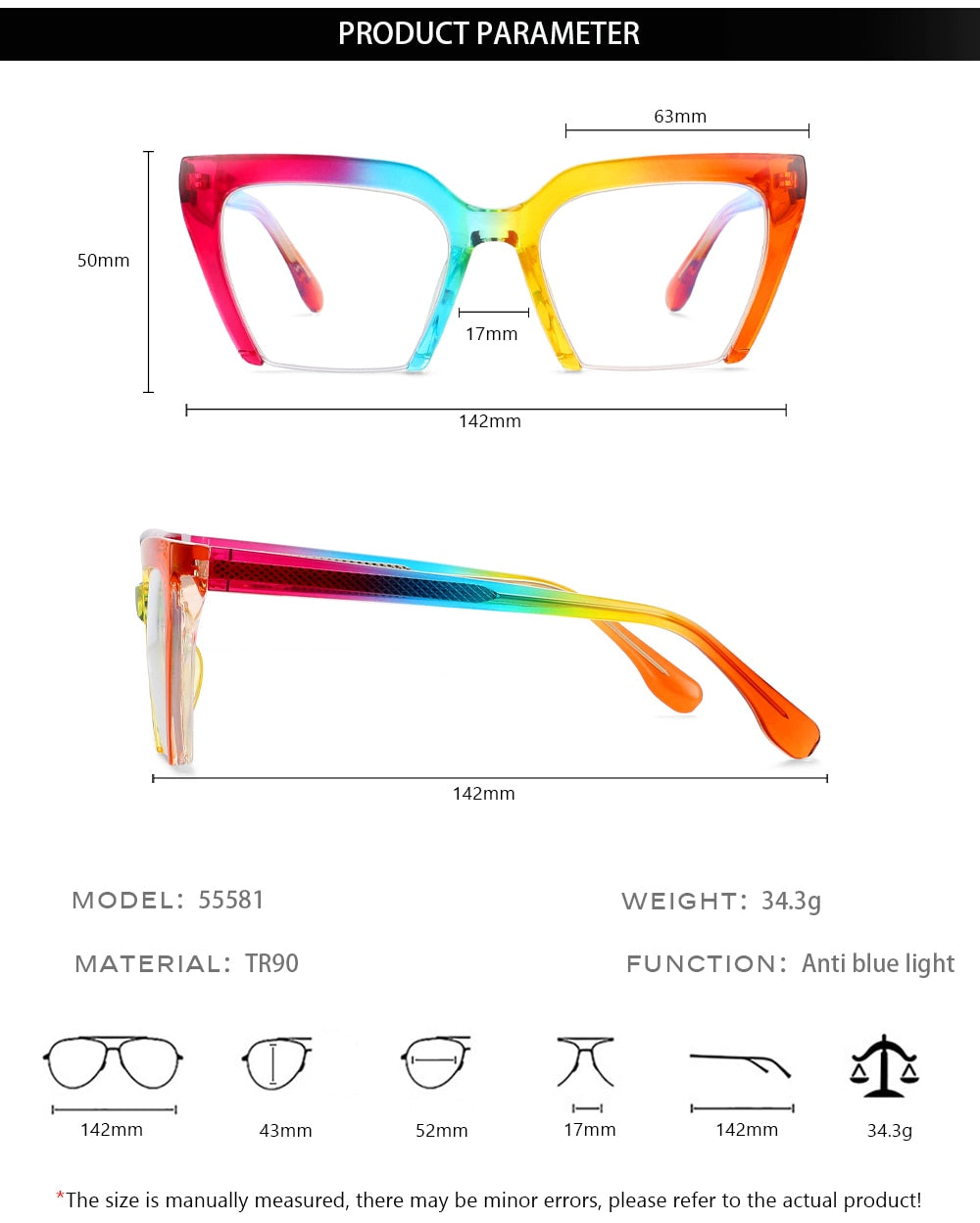 CCspace Women's Semi Rim Cat Eye Tr 90 Titanium Eyeglasses 55581 Semi Rim CCspace