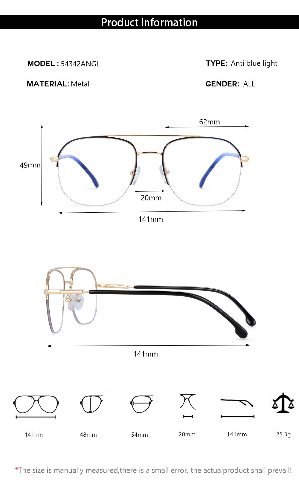 CCspace Women's Semi Rim Round Square Alloy Double Bridge Frame Eyeglasses 54342 Semi Rim CCspace