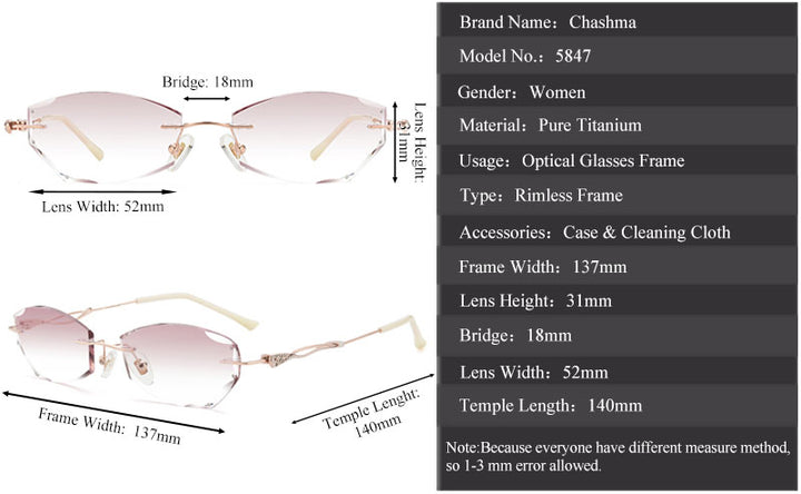 Chashma Women's  Rimless Rectangle Titanium Frame Diamond Trimmed Eyeglasses 5847 Rimless Chashma