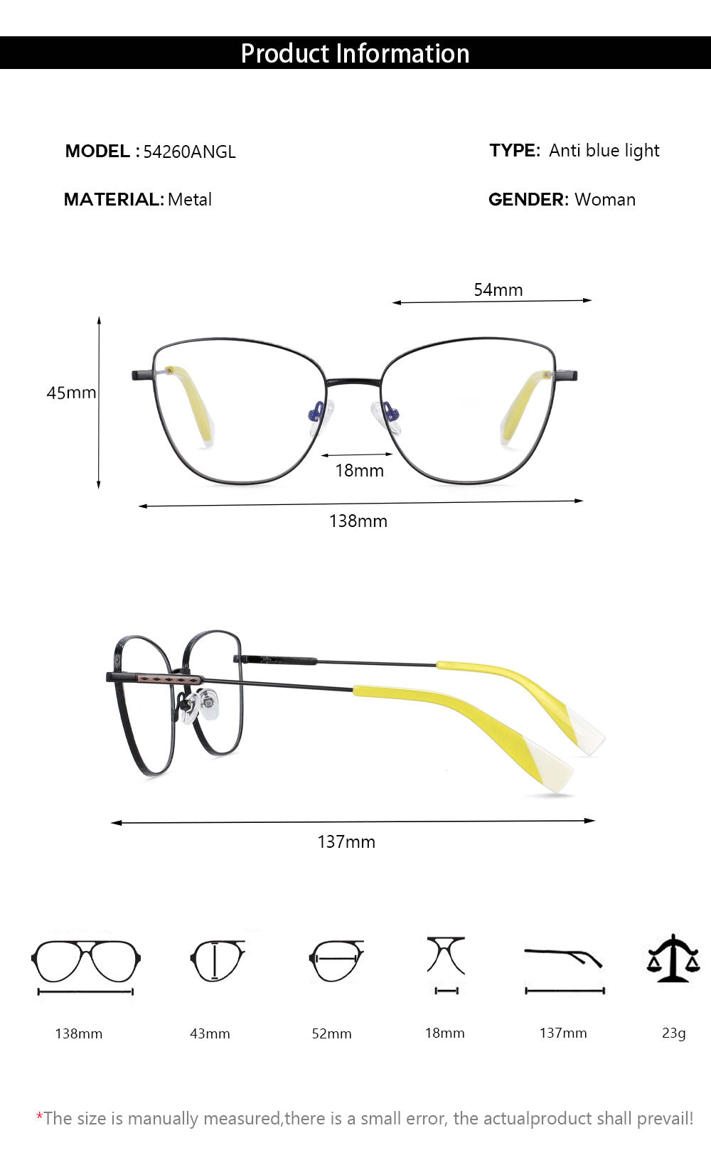 CCspace Women's Full Rim Oversized Square Alloy Frame Eyeglasses 54260 Full Rim CCspace