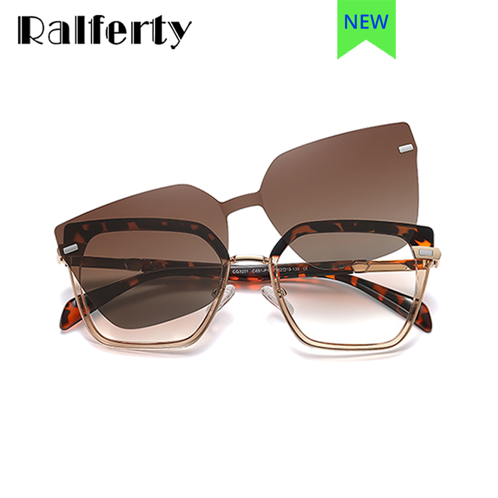 Ralferty Women's Full Rim Square Cat Eye Alloy Acetate Eyeglasses With Clip On Polarized Sunglasses Clip On Sunglasses Ralferty   